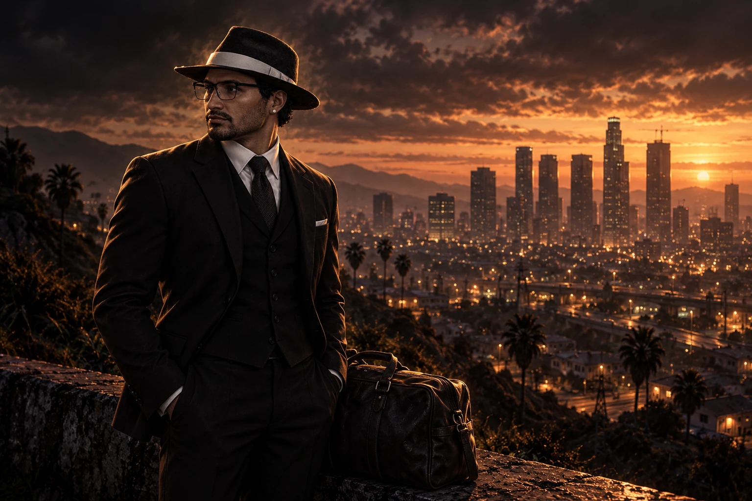 Illustration: Aurelius mit Fedora, Brille und Reisetasche vor der nächtlichen Skyline von Los Santos.