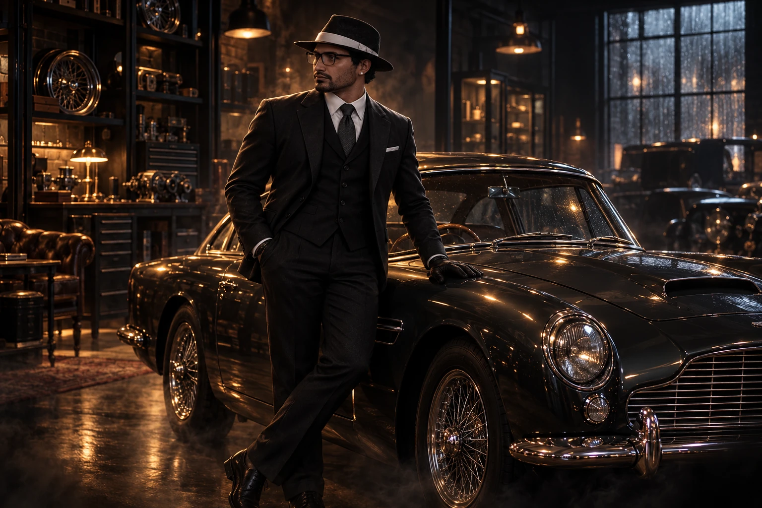 Illustration: Aurelius mit Fedora und Brille neben einem seltenen klassischen Fahrzeug in einem dunklen britischen Autohaus.