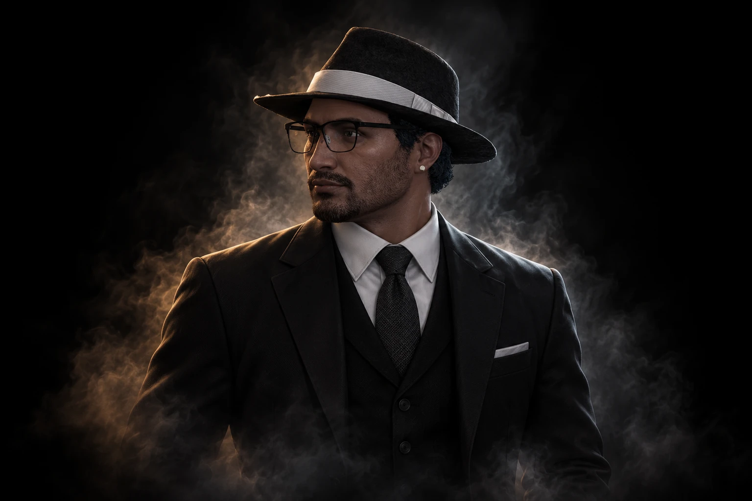 Illustrative Darstellung von Aurelius mit schwarzem Fedora, Brille und Anzug vor dunklem Rauch.
