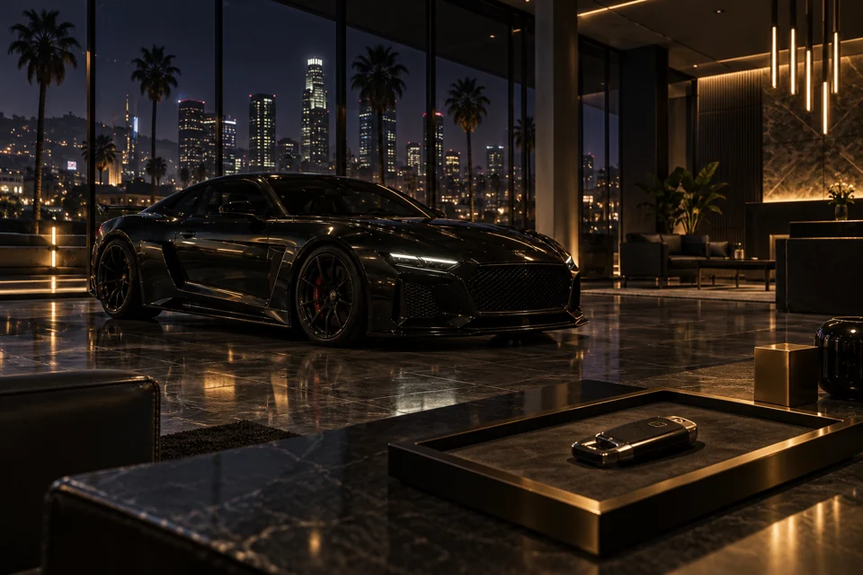 Ein dunkles Sportcoupé in einem Showroom in Los Santos, mit einem Fahrzeugschlüssel auf einem Übergabetablett.