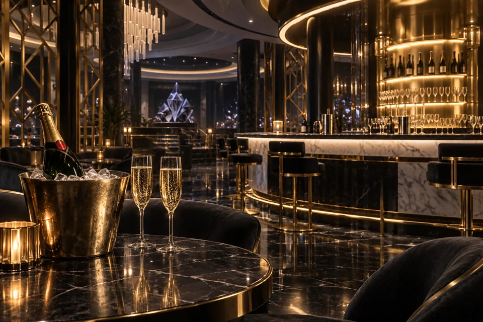 Eine Champagnerbar mit Marmor, goldenen Raumteilern, Flaschen im Eiskühler und Champagnergläsern im Stil des GTA-Casinos.