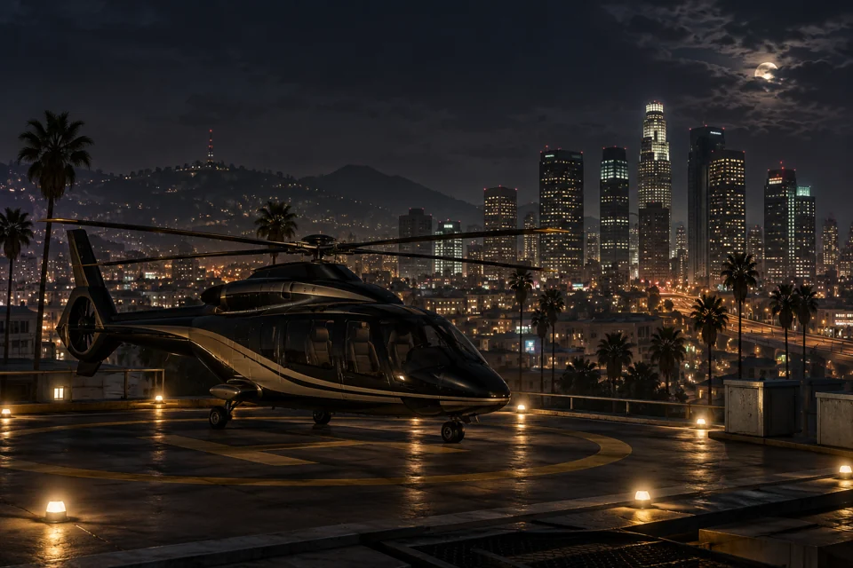 Ein ziviler Helikopter auf einem Dachlandeplatz vor der Skyline von Los Santos bei Nacht.
