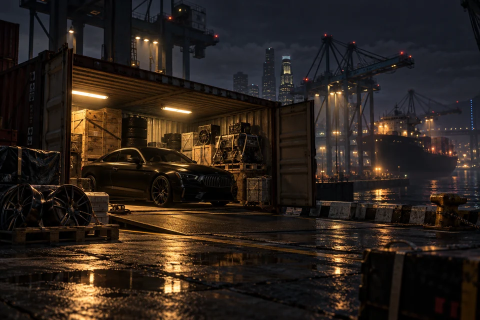 Ein offener Frachtcontainer mit einem Fahrzeug und Teilekisten am Hafen von Los Santos.