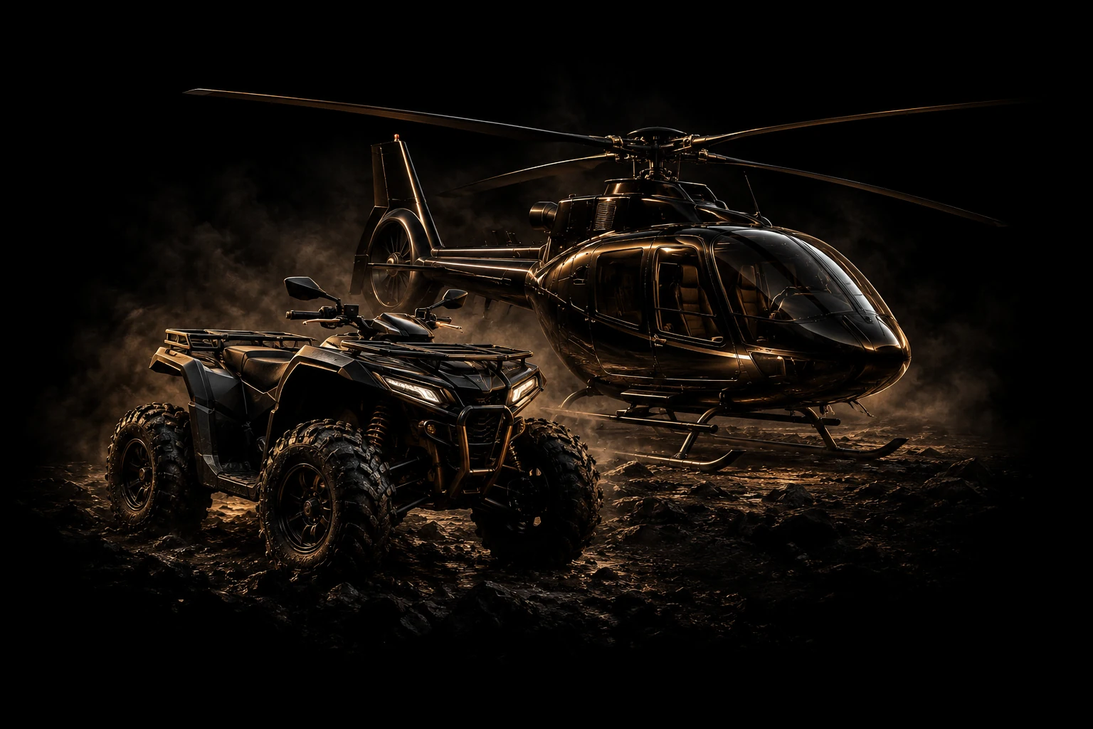 Noir-Illustration eines Quads und eines zivilen Helikopters.
