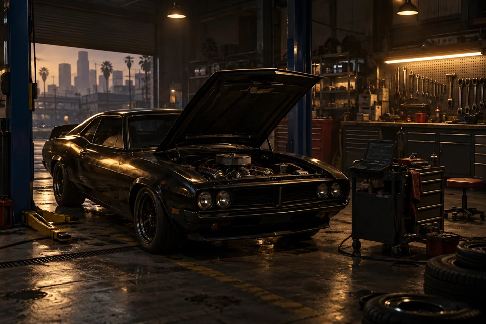 Ein klassischer Wagen mit geöffneter Motorhaube und Diagnosewagen in einer Werkstatt im Stil von Los Santos.