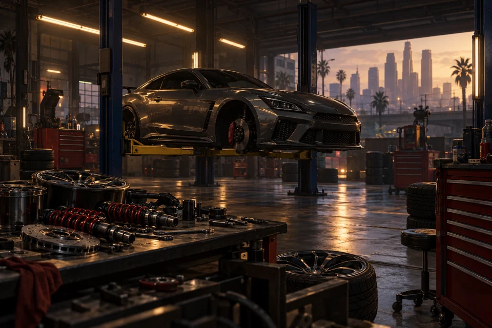 Ein Sportcoupé auf einer Hebebühne in einer an Los Santos angelehnten Tuningwerkstatt.